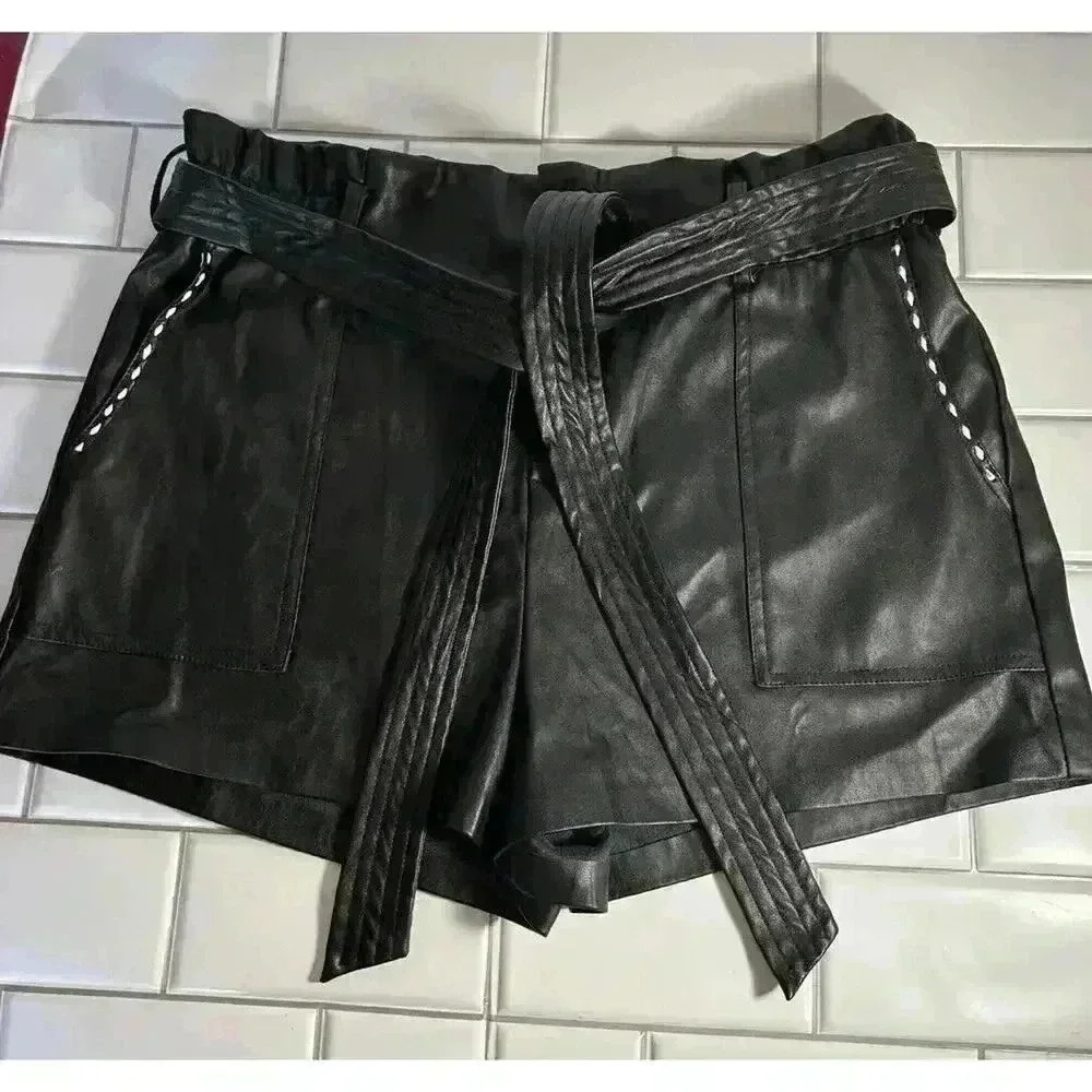 Faux Leather Black Paper Bag Shorts Large L Vegan Leather - Picture 1 of 8